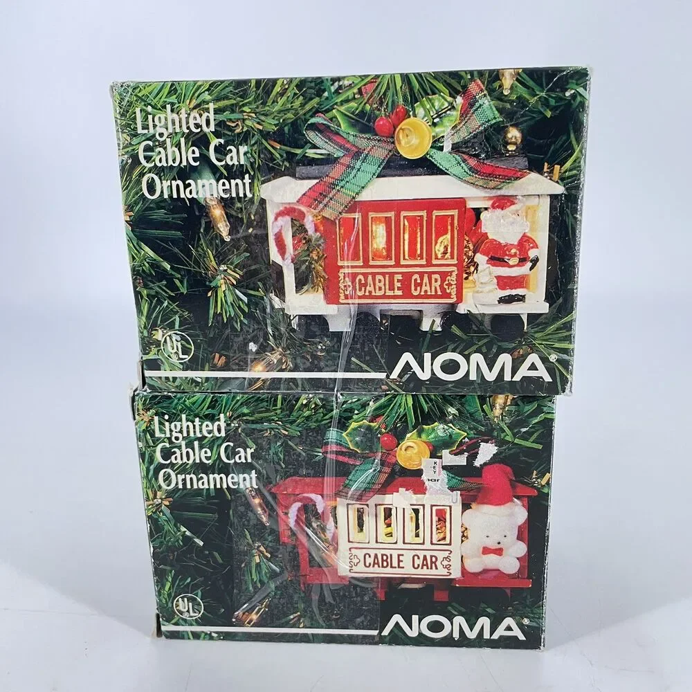 Lot of 2 Vintage NOMA Lighted Cable Car Santa Christmas Ornaments w/ Boxes